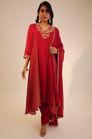 red tissue georgette embroidered kurta set