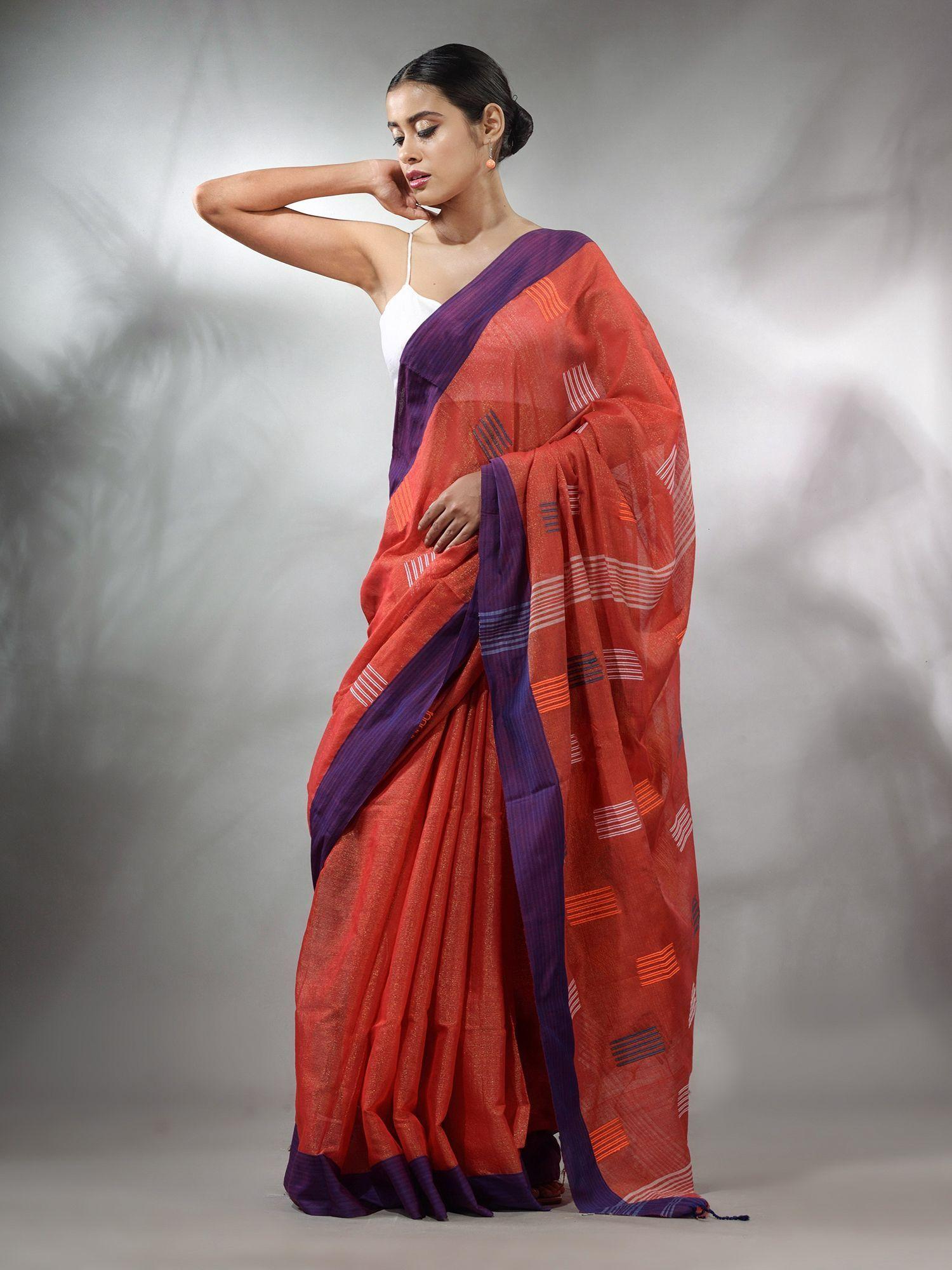 red tissue handwoven saree with woven designs & unstitched blouse