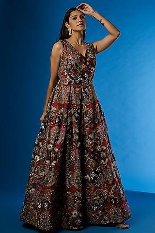 red tissue organza trencadis printed gown