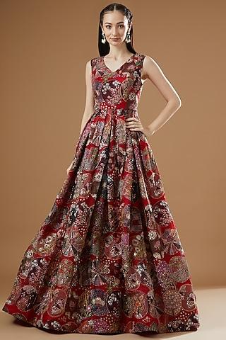 red trencadis organza printed & embellished gown