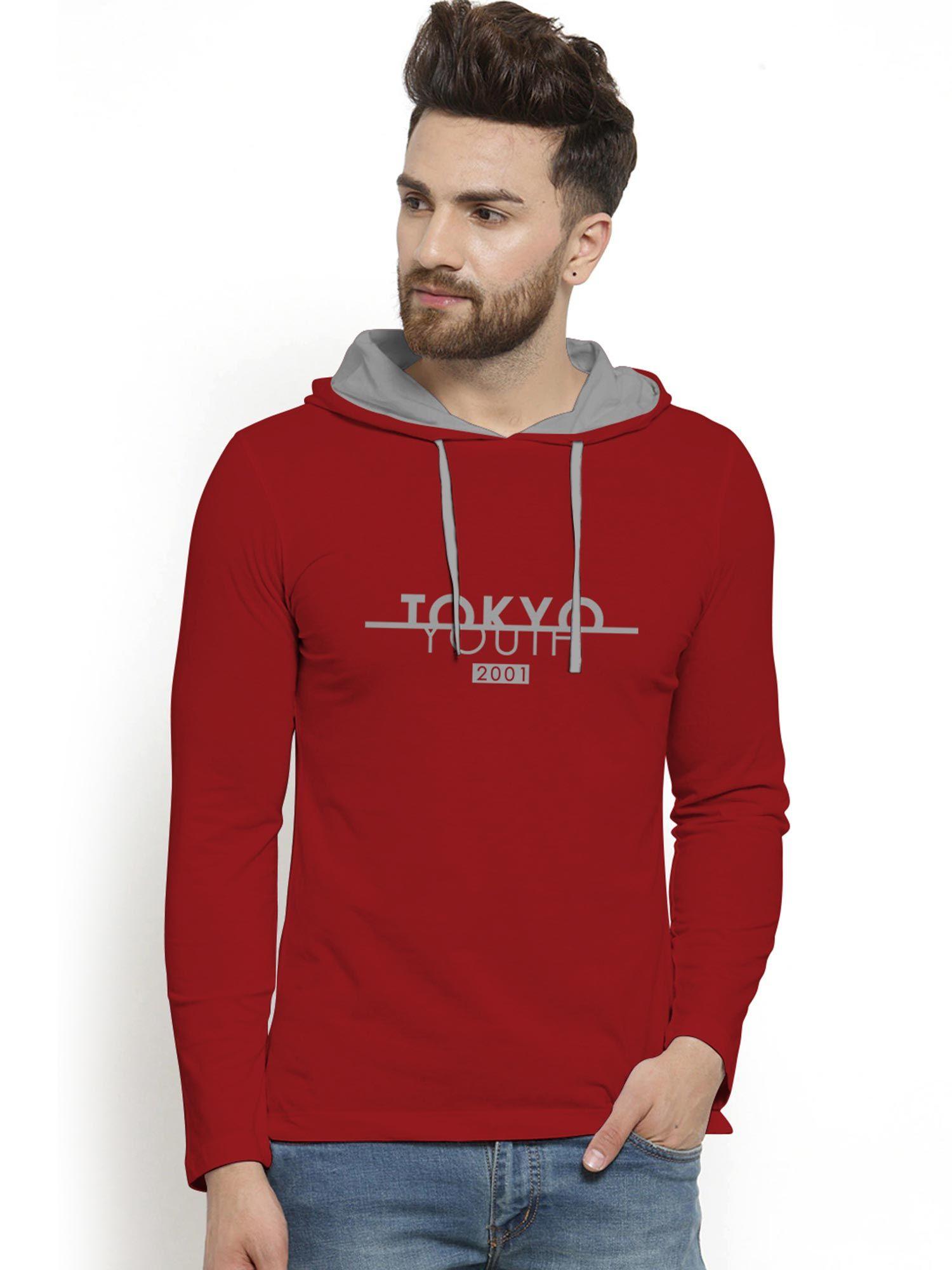red trendy printed hooded t-shirt for men