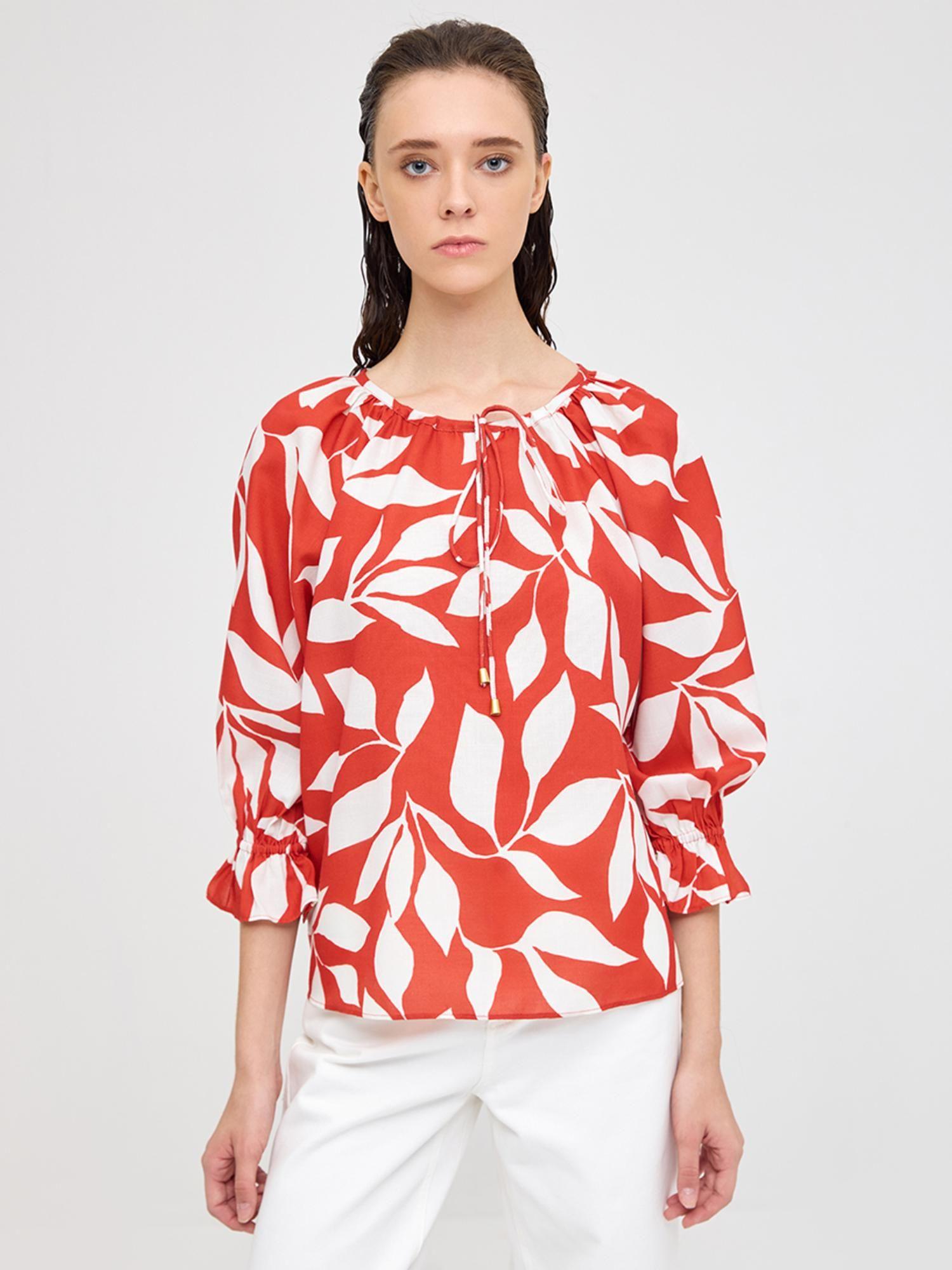 red tropical peasant top