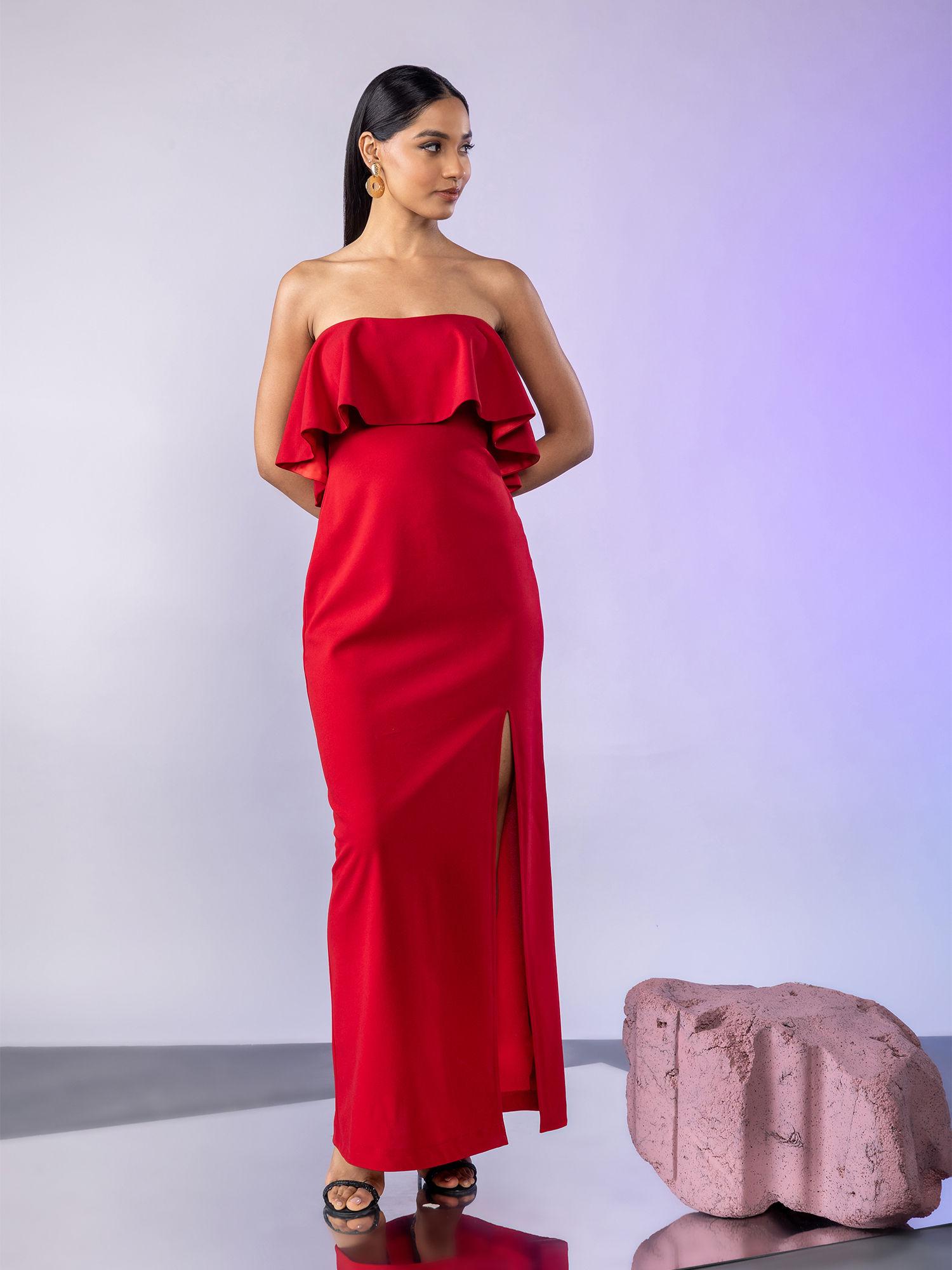 red tube neck ruffle layered gown