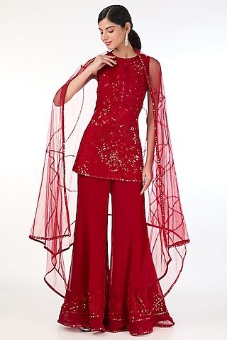 red tulle & crepe embroidered peplum tunic set