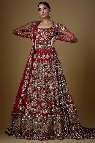 red tulle embellished gown with dupatta