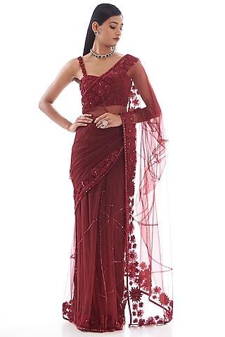 red tulle embroidered saree set