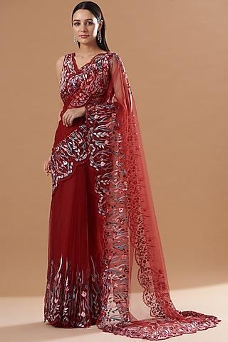 red tulle embroidered saree set