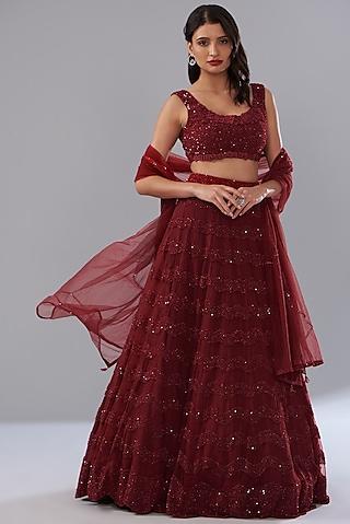 red tulle hand embroidered lehenga set