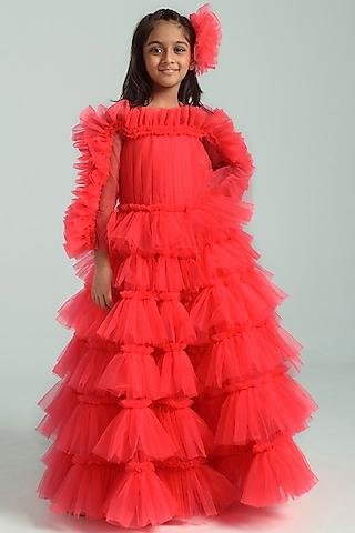 red tulle ruffled gown for girls