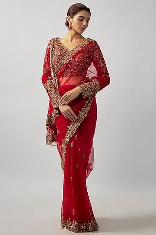 red tulle zardosi embroidered saree set