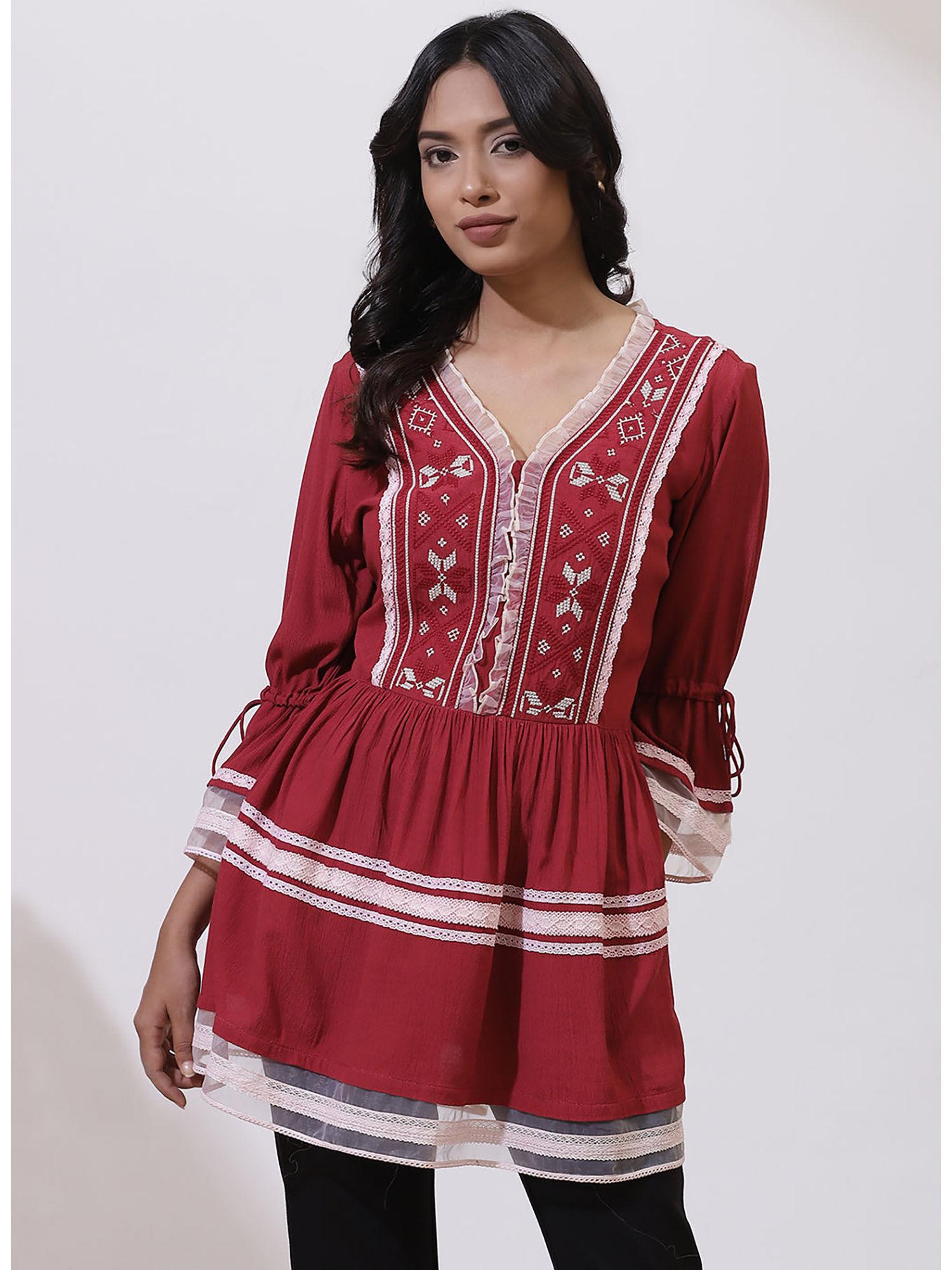 red tunic with embroidery & lace