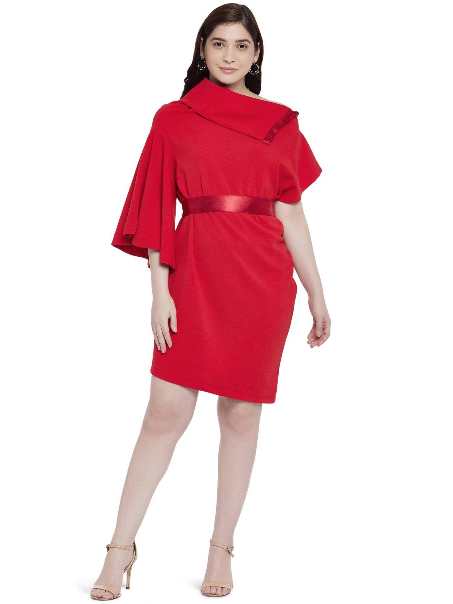 red turtle neck dress with waist tie-up (set of 2)