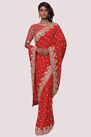 red tussar silk embellished saree set