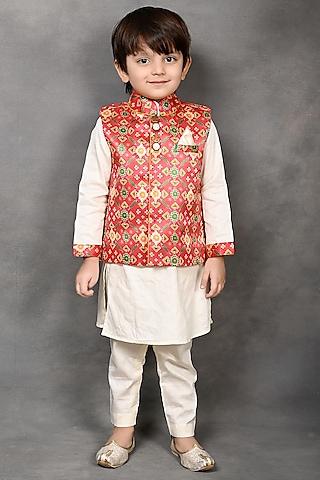 red tussar silk patola printed nehru jacket set for boys