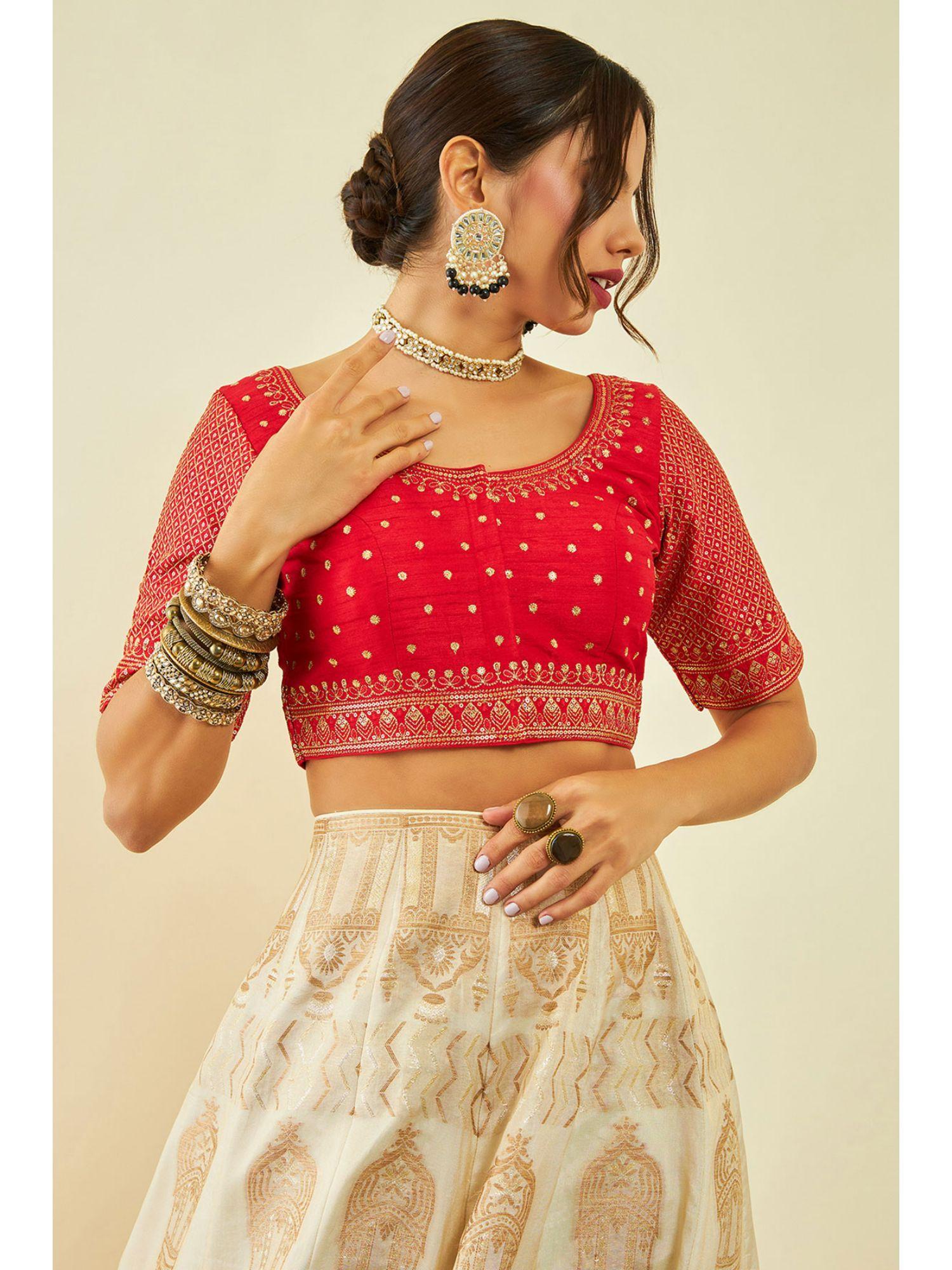 red tusshar silk embroidered stitched blouse with sequined