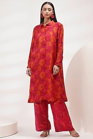 red upada silk & cotton voile handpainted & hand embellished kurta set