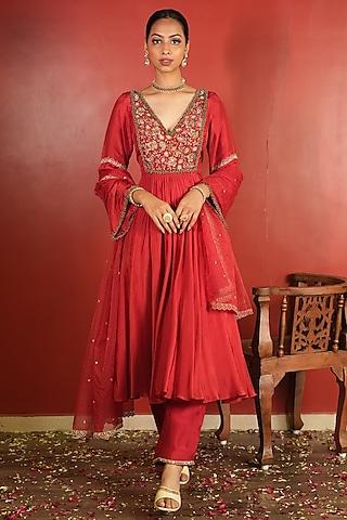 red upada silk embellished anarkali set