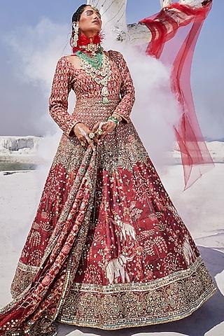 red upada silk hand embroidered anarkali set