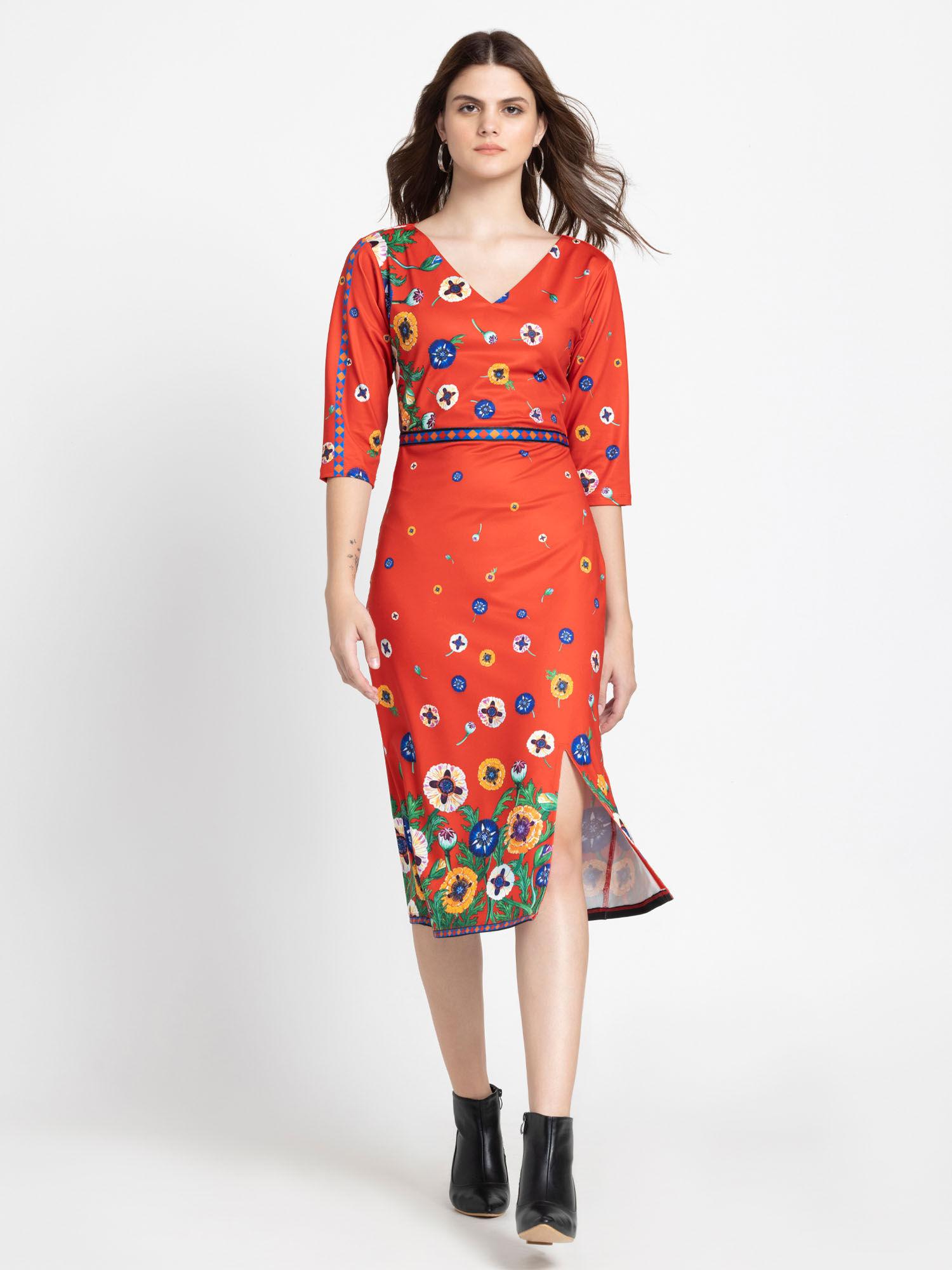 red v-neck floral print three fourth sleeves casual dress for women