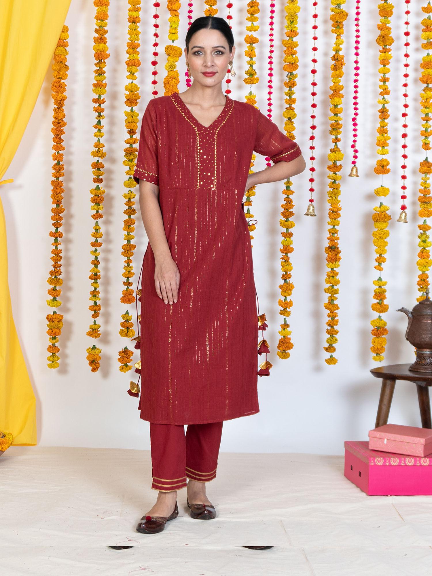 red v-neck straight panel kurta with tassels