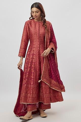 red vegan silk zari work anarkali set