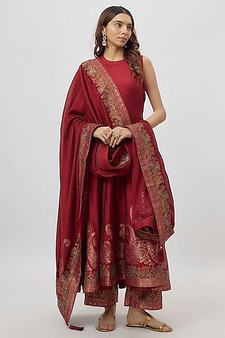 red vegan silk zari work anarkali set