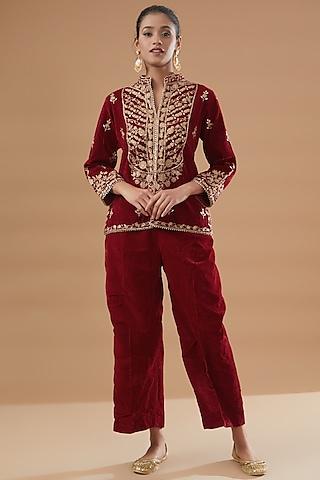 red velvet embroidered kurta set