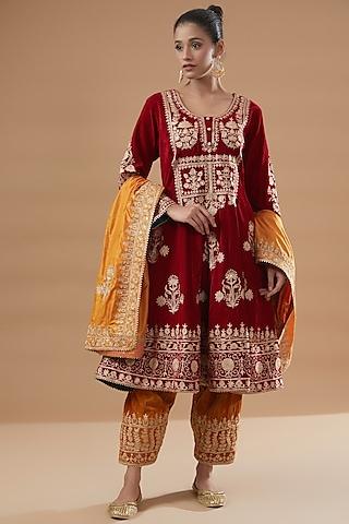 red velvet embroidered kurta set