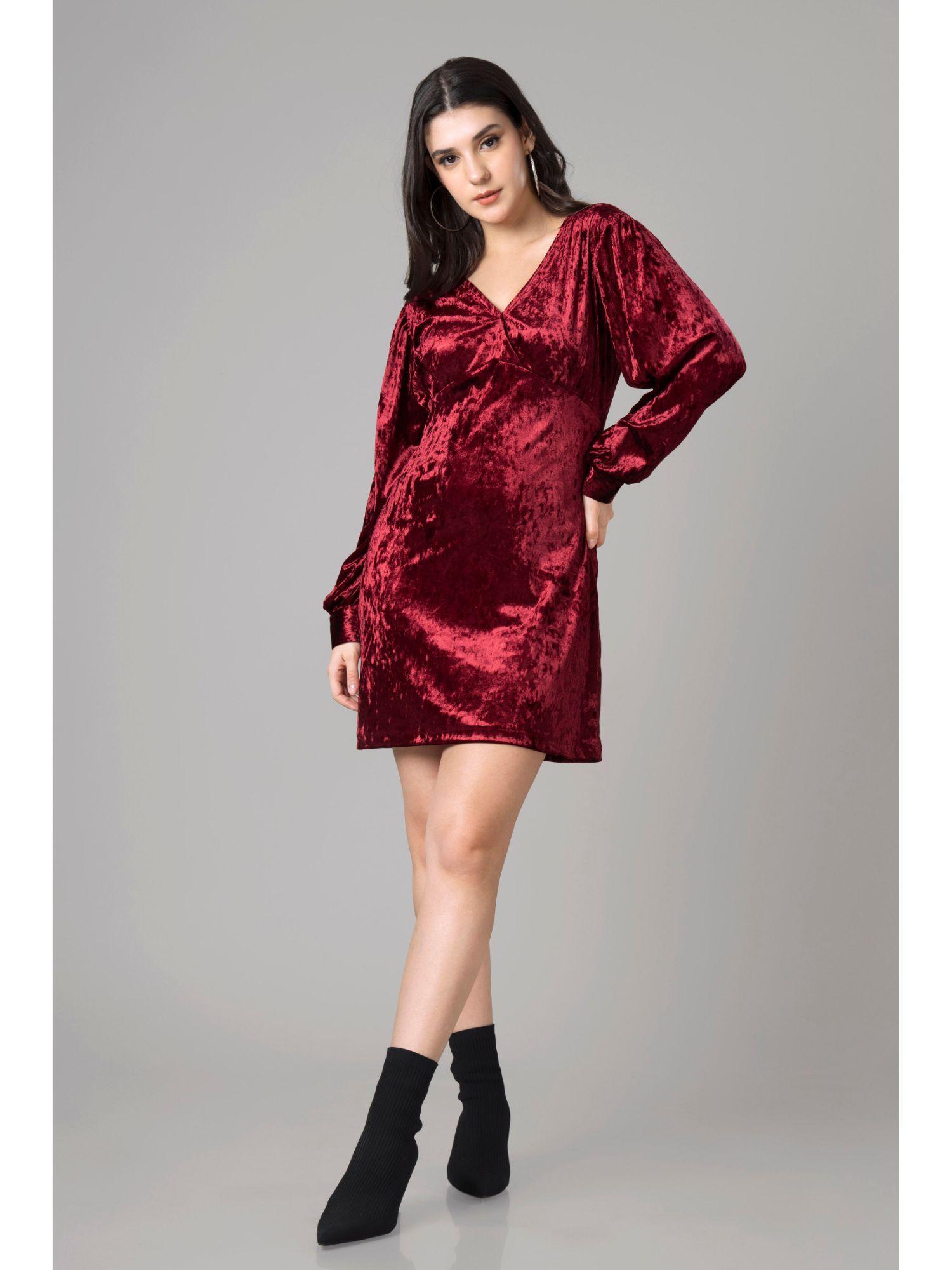 red velvet long sleeve sheath dress for women