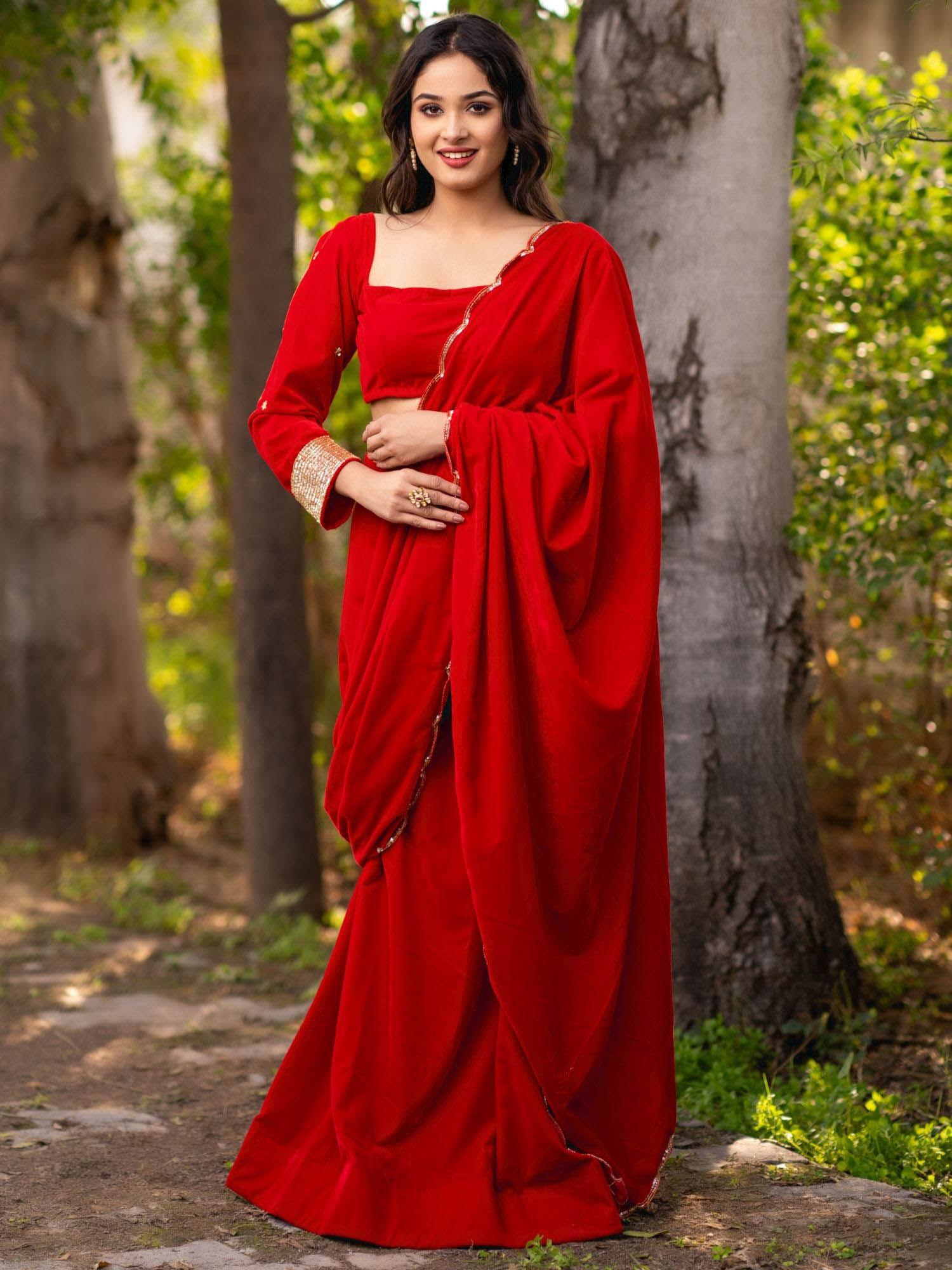 red velvet saree with stitched blouse