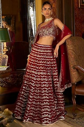 red velvet zari & sequins embroidered lehenga set