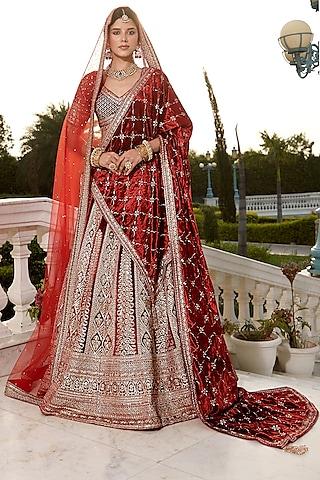 red velvet zari embroidered lehenga set