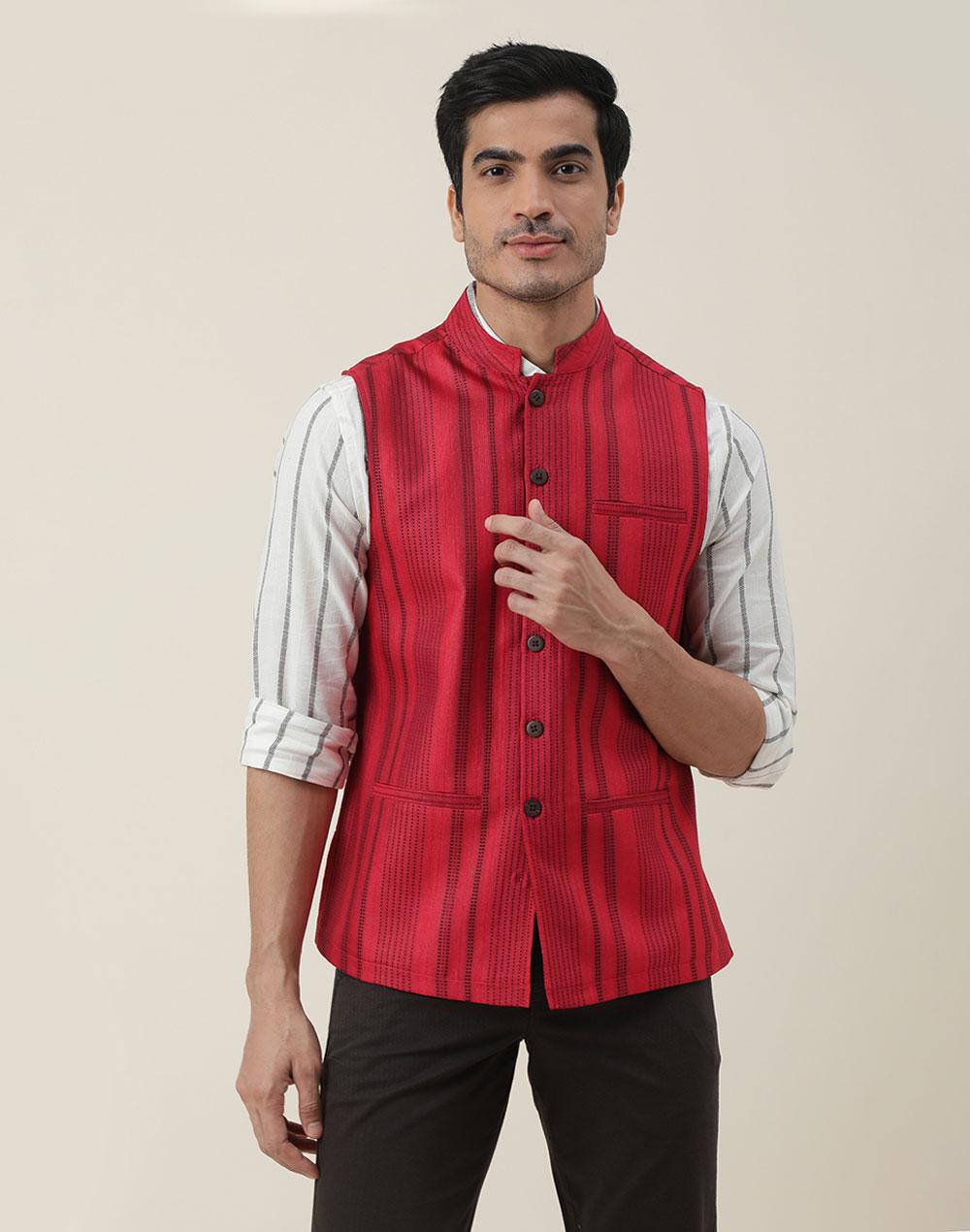 red viscose blend dobby nehru jacket