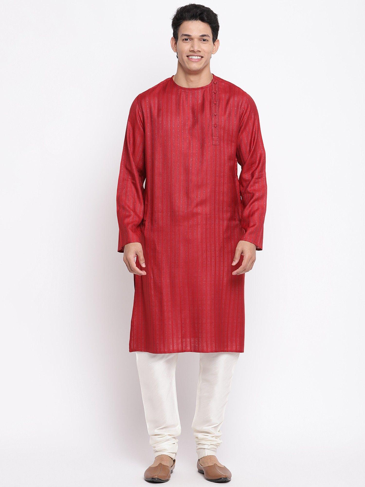 red viscose blend dobby slim fit long kurta