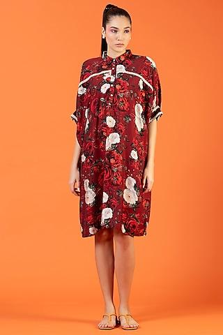 red viscose cotton chanderi pearl embroidered & printed shirt dress