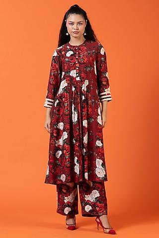 red viscose cotton chanderi pearl embroidered & printed tunic set