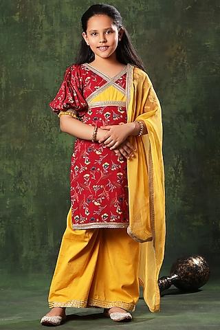 red viscose cotton embellished & printed kurta set for girls