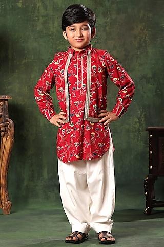 red viscose cotton printed bundi jacket with kurta set for boys