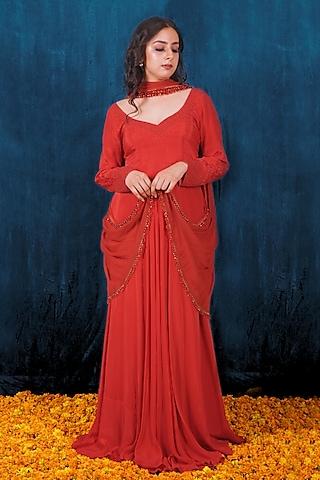 red viscose crepe anarkali set