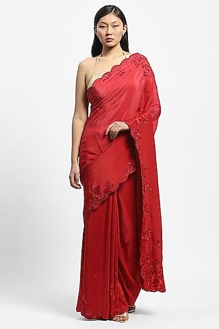 red viscose crepe embroidered saree