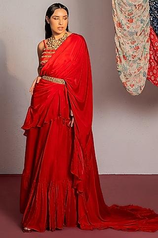 red viscose crepe mirror & moti embroidered draped saree set