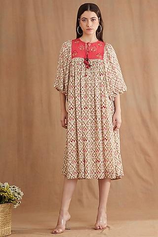 red viscose crepe printed & embroidered tunic