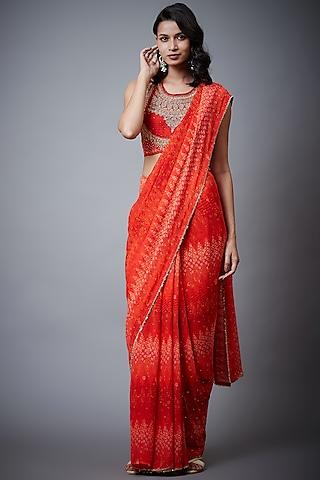 red viscose geometric printed & embroidered saree set