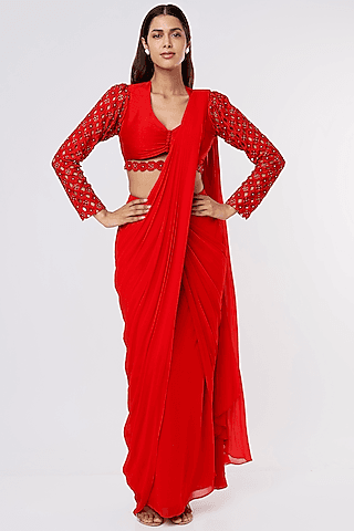 red viscose georgette cutwork embellished pre-draped saree set