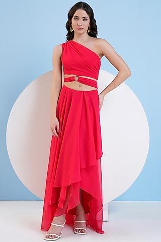 red viscose georgette one-shoulder maxi dress