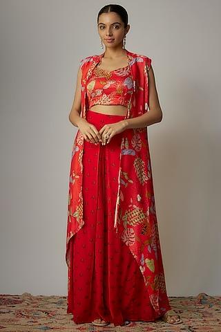 red viscose hand embroidered & printed cape set