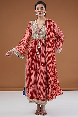 red viscose organza leheriya printed & zari embroidered straight kurta set