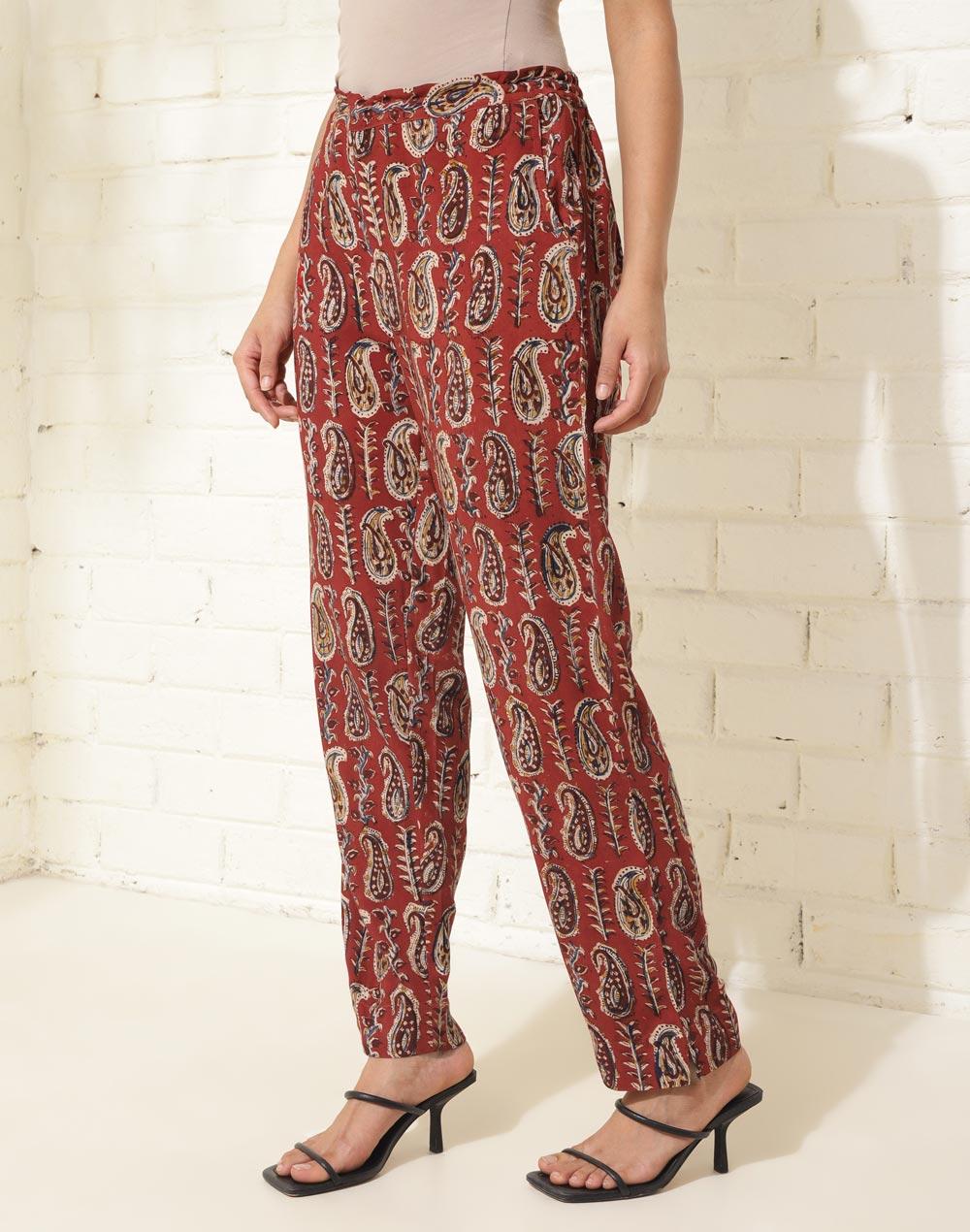red viscose printed tapered casual pant