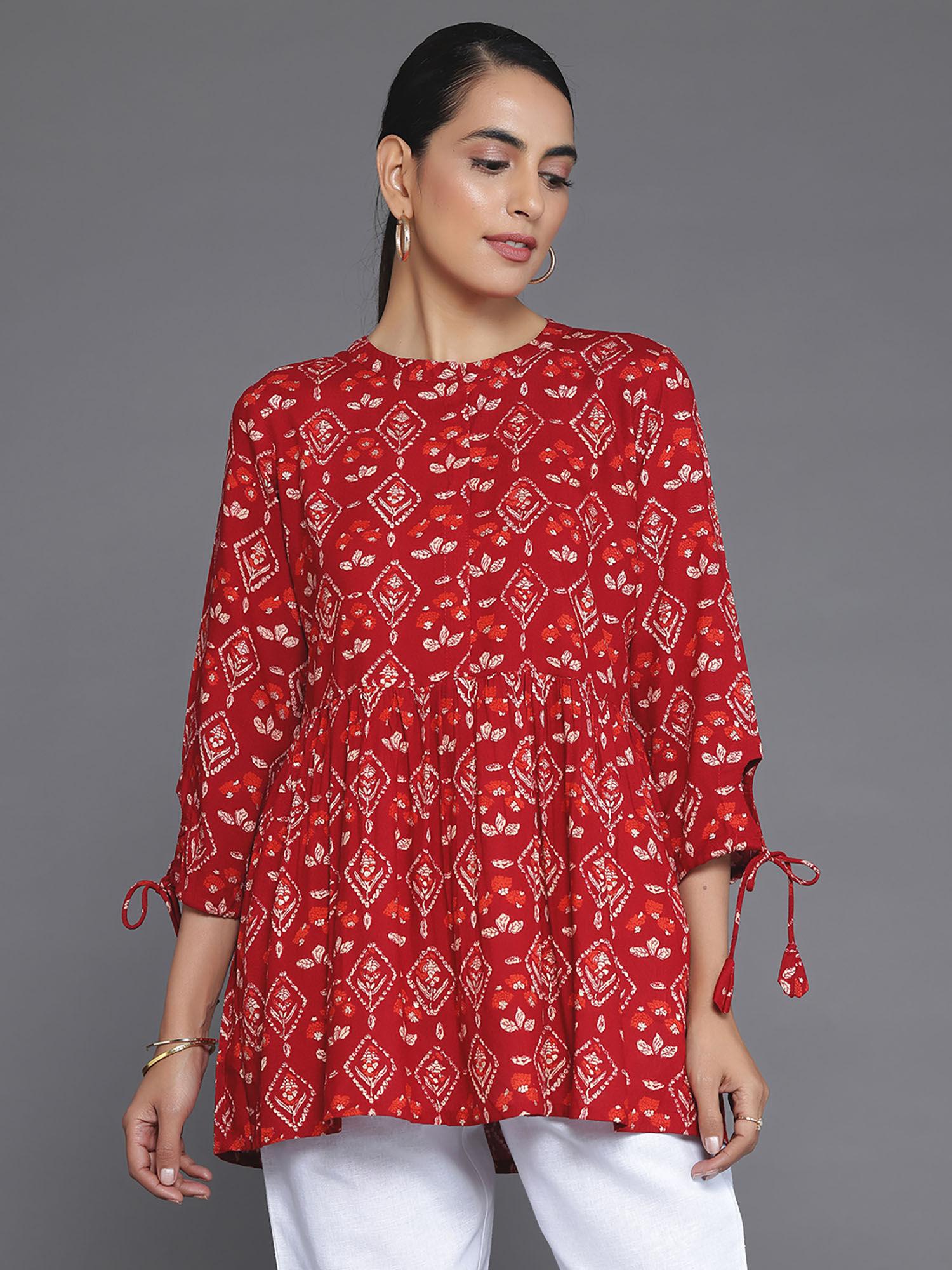 red viscose rayon floral printed aline tunic