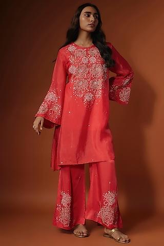 red viscose silk floral sequins embroidered kurta set